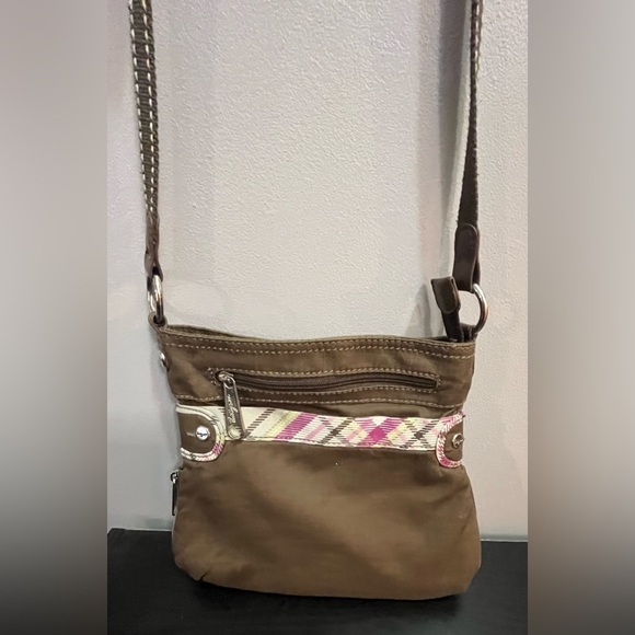 Thirty-One Brown‎ Expandable Adjustable Strap Crossbody Brown and Pink Plaid - Picture 2 of 13